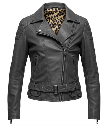 Women's Shoulder Quilted Grey Biker Leather Jacket
