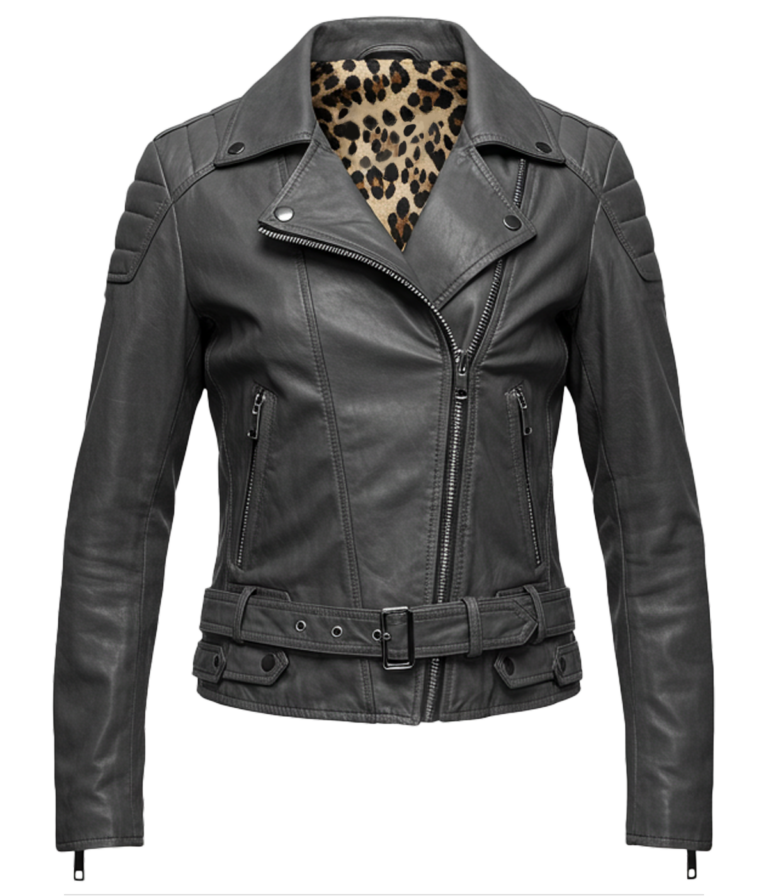Women's Shoulder Quilted Grey Biker Leather Jacket