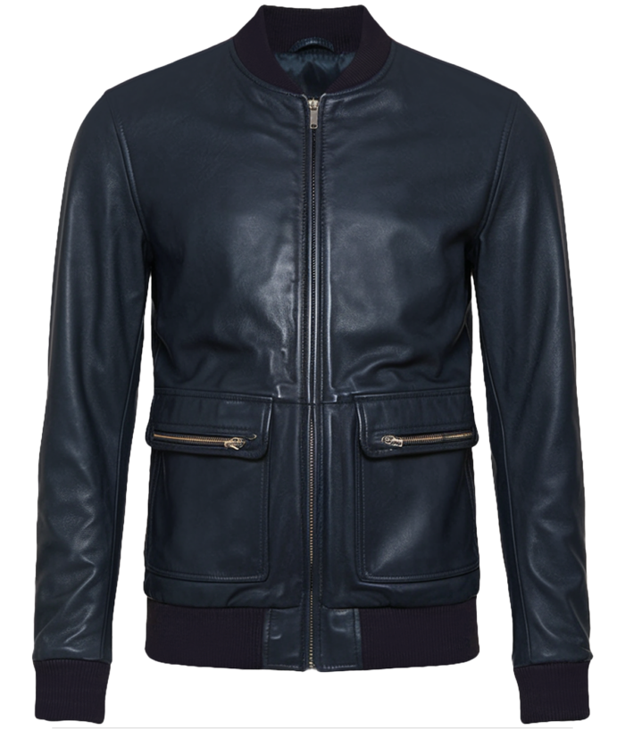 Men's Bomber Navy Blue Leather Jacket