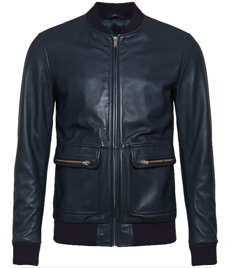 Men's Bomber Navy Blue Leather Jacket