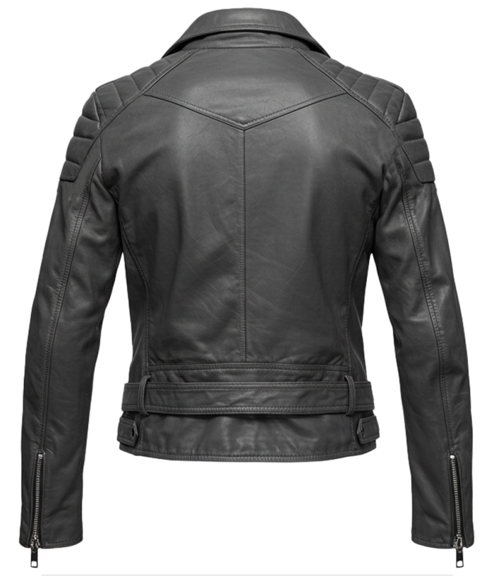 Women's Shoulder Quilted Grey Biker Leather Jacket