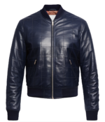 Men's Navy Quilted Leather Bomber Jacket