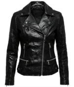 Women's Biker Crocodile Black Leather Jacket