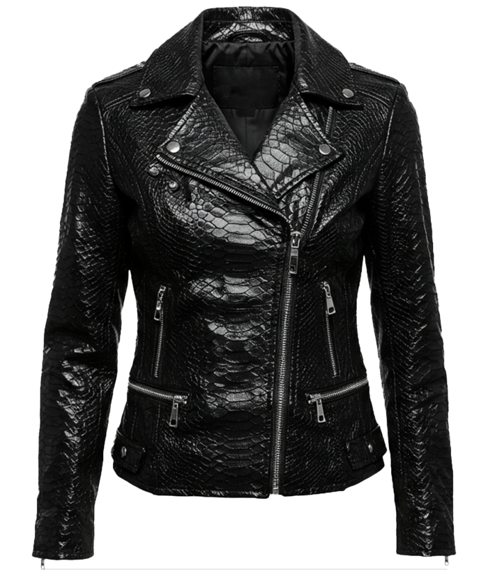 Women's Biker Crocodile Black Leather Jacket