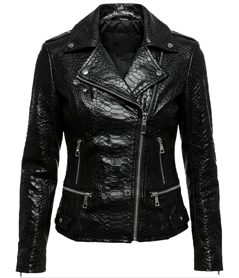 Women's Biker Crocodile Black Leather Jacket