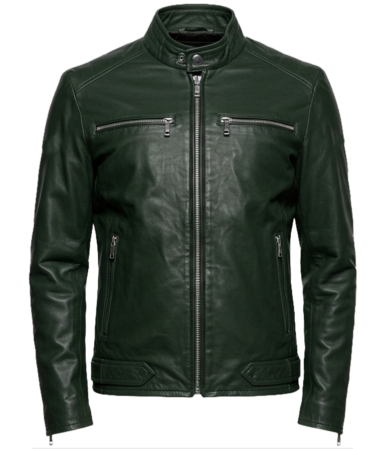 Men's Biker Green Shoulder Quilted Leather Jacket